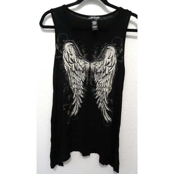 From Los Angeles Bus Stop Rhinestone Wings Black Tank Top Y2K Women's Size Large - Picture 1 of 9